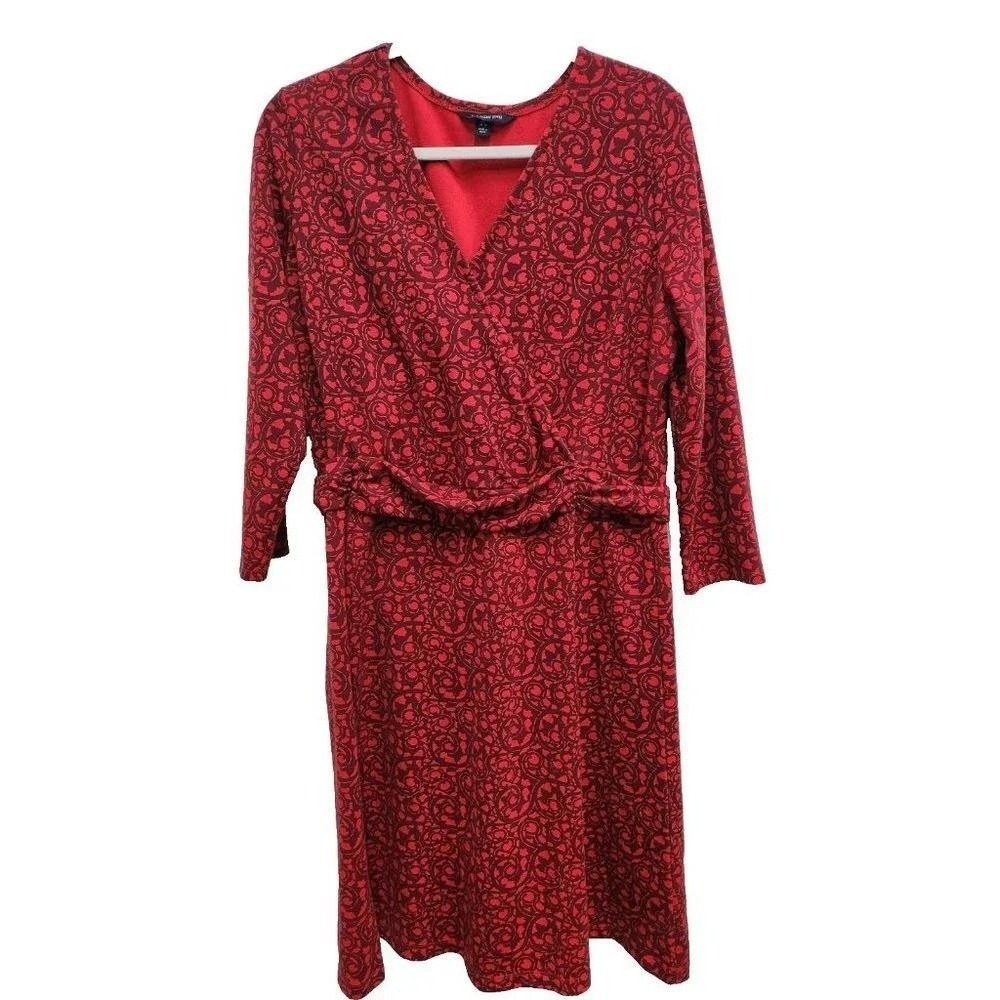 Lands End Faux Wrap Dress Womens 14 Red Floral 3/4 Sleeve Casual Knee Length